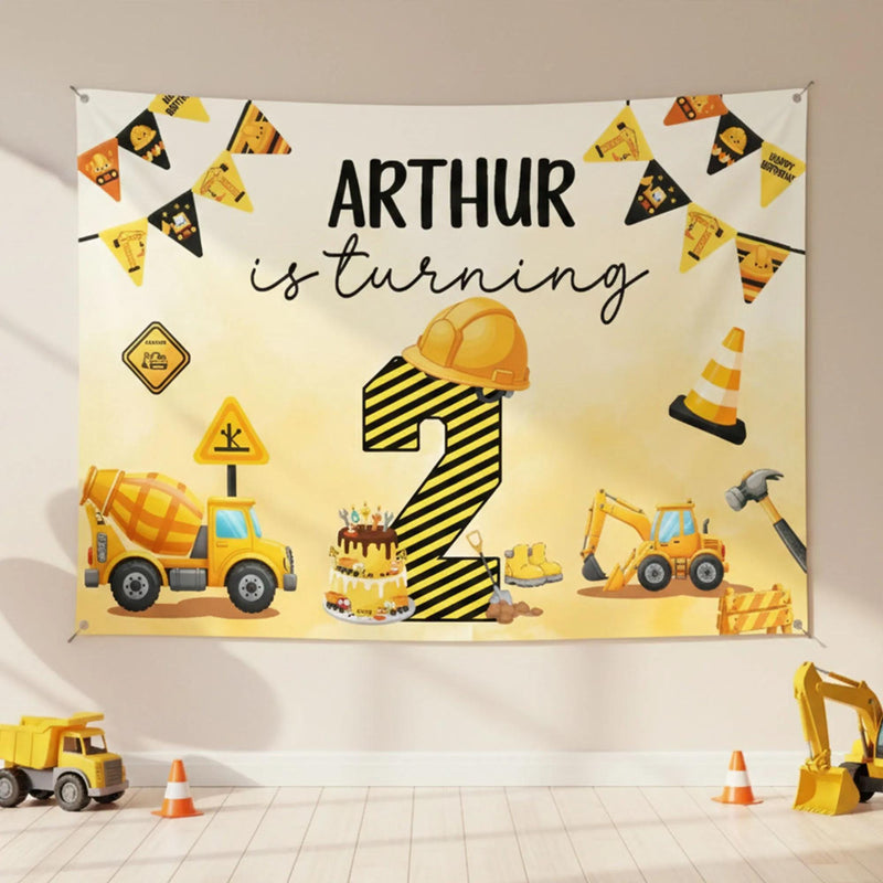 Personalized Construction 2nd Birthday Silk Banner with Name and Excavator Design, Custom Turning 2 Party Backdrop for Boys or Girls