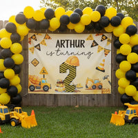 Personalized Construction 2nd Birthday Silk Banner with Name and Excavator Design, Custom Turning 2 Party Backdrop for Boys or Girls