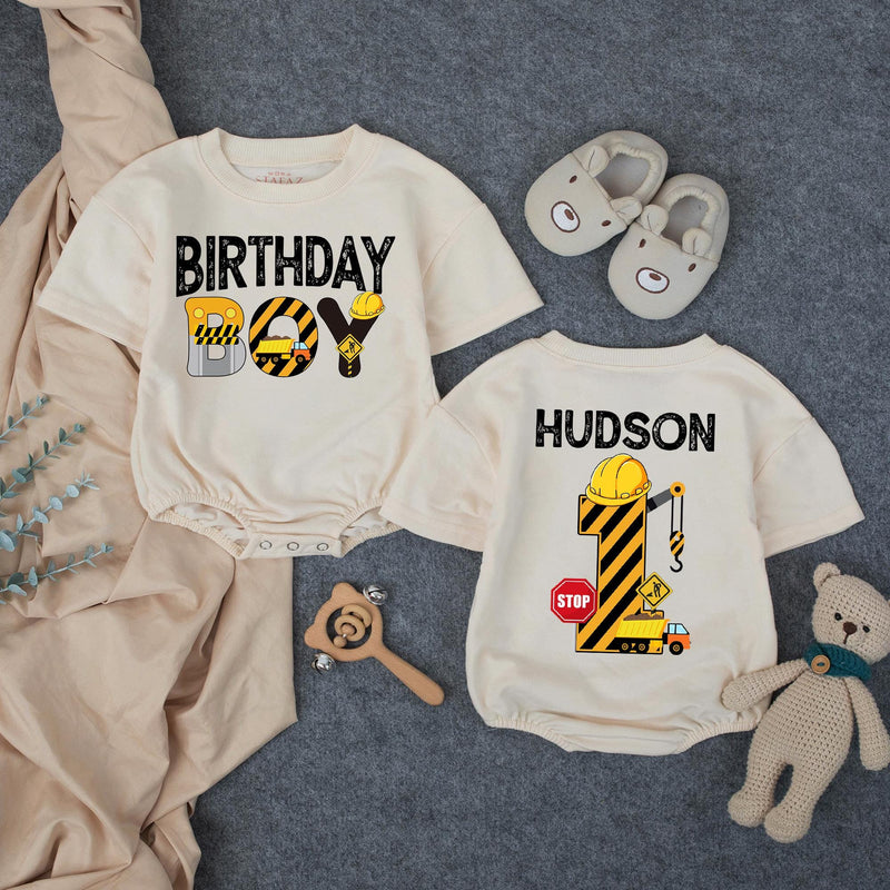 Personalized Construction Baby Romper for First Birthday Boy Soft Cotton Long & Short Sleeve Outfit Gift