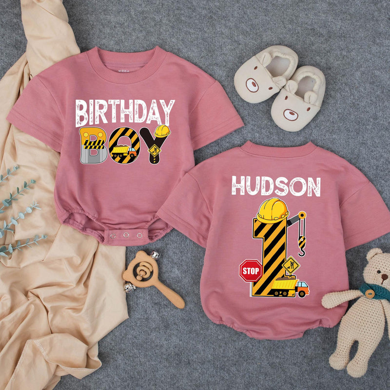 Personalized Construction Baby Romper for First Birthday Boy Soft Cotton Long & Short Sleeve Outfit Gift