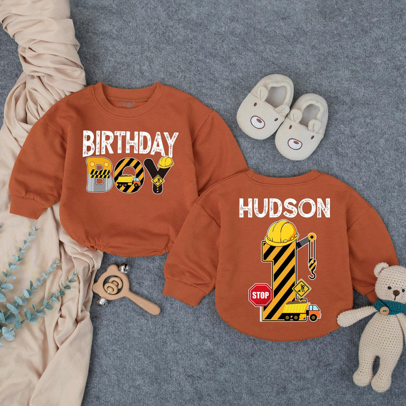 Personalized Construction Baby Romper for First Birthday Boy Soft Cotton Long & Short Sleeve Outfit Gift