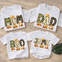 Personalized Construction Birthday Shirts with Excavators and Hard Hats for Family, Toddler Boy Romper Digger Theme Outfit Custom Name Gift
