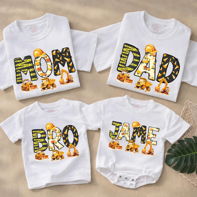Personalized Construction Birthday Shirts with Excavators and Hard Hats for Family, Toddler Boy Romper Digger Theme Outfit Custom Name Gift