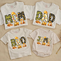 Personalized Construction Birthday Shirts with Excavators and Hard Hats for Family, Toddler Boy Romper Digger Theme Outfit Custom Name Gift