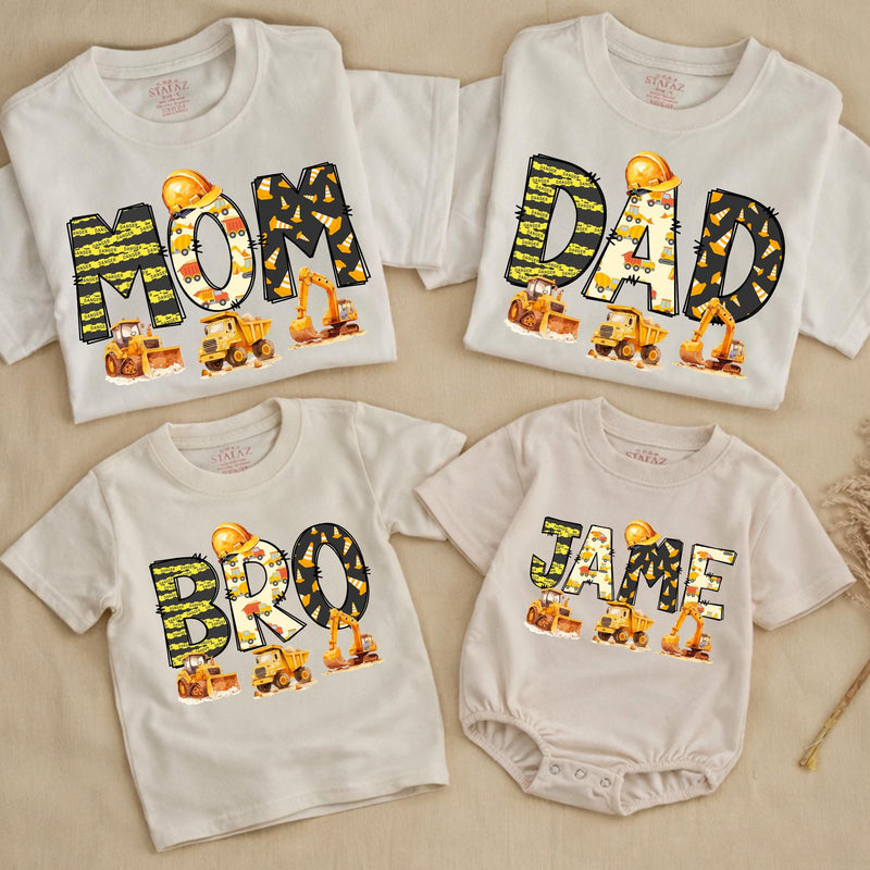 Personalized Construction Birthday Shirts with Excavators and Hard Hats for Family, Toddler Boy Romper Digger Theme Outfit Custom Name Gift