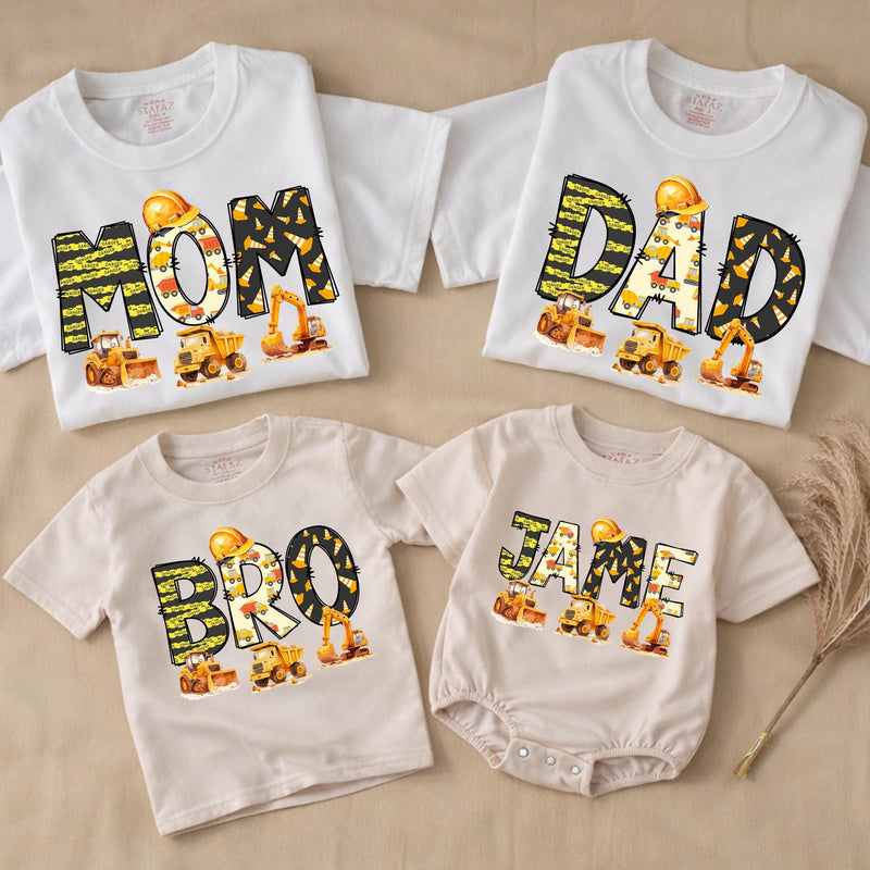Personalized Construction Birthday Shirts with Excavators and Hard Hats for Family, Toddler Boy Romper Digger Theme Outfit Custom Name Gift