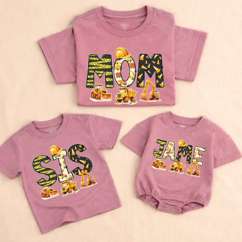 Personalized Construction Birthday Shirts with Excavators and Hard Hats for Family, Toddler Boy Romper Digger Theme Outfit Custom Name Gift