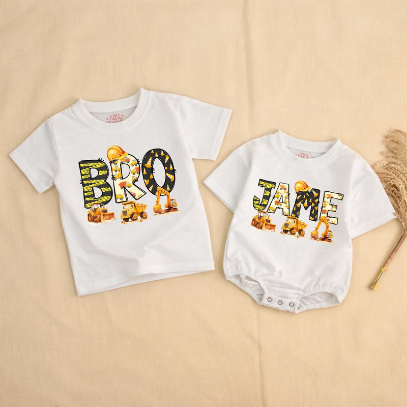 Personalized Construction Birthday Shirts with Excavators and Hard Hats for Family, Toddler Boy Romper Digger Theme Outfit Custom Name Gift