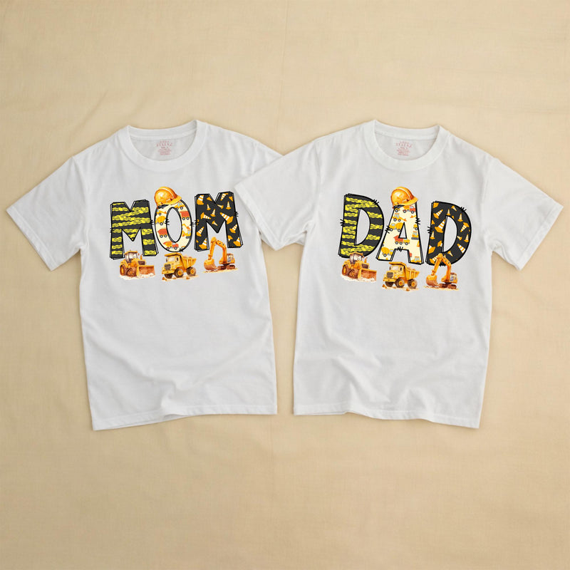 Personalized Construction Birthday Shirts with Excavators and Hard Hats for Family, Toddler Boy Romper Digger Theme Outfit Custom Name Gift