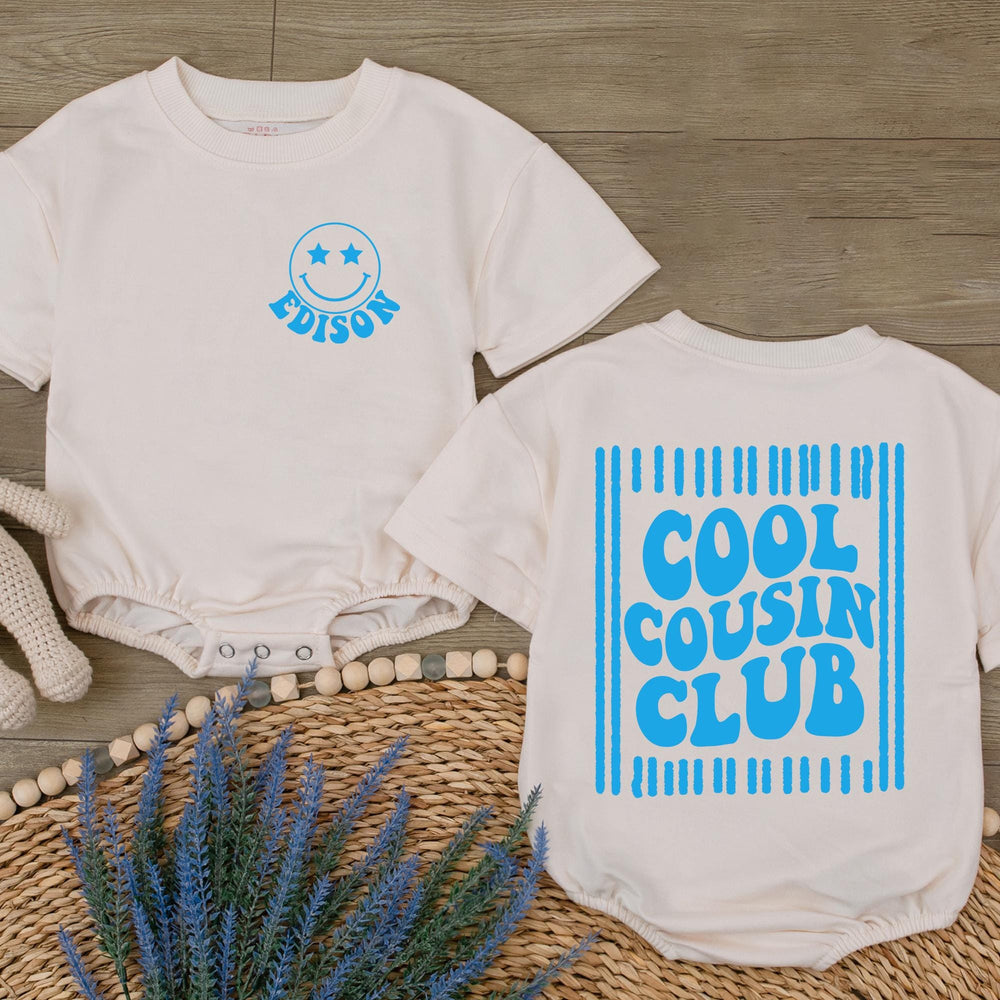 Personalized Cool Cousin Club Baby Romper with Retro Blue Smiley Face Design, Soft Cotton Outfit for Family Reunions and Special Occasions