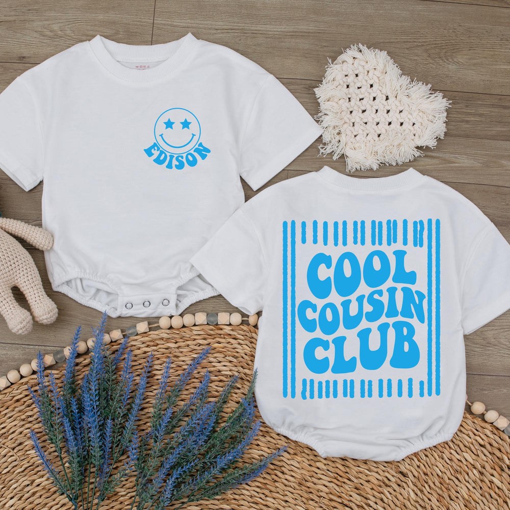 Personalized Cool Cousin Club Baby Romper with Retro Blue Smiley Face Design, Soft Cotton Outfit for Family Reunions and Special Occasions