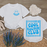 Personalized Cool Cousin Club Baby Romper with Retro Blue Smiley Face Design, Soft Cotton Outfit for Family Reunions and Special Occasions