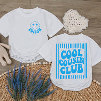 Personalized Cool Cousin Club Baby Romper with Retro Blue Smiley Face Design, Soft Cotton Outfit for Family Reunions and Special Occasions