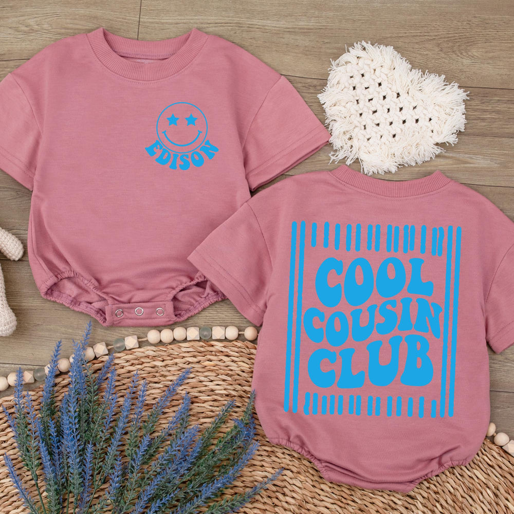 Personalized Cool Cousin Club Baby Romper with Retro Blue Smiley Face Design, Soft Cotton Outfit for Family Reunions and Special Occasions