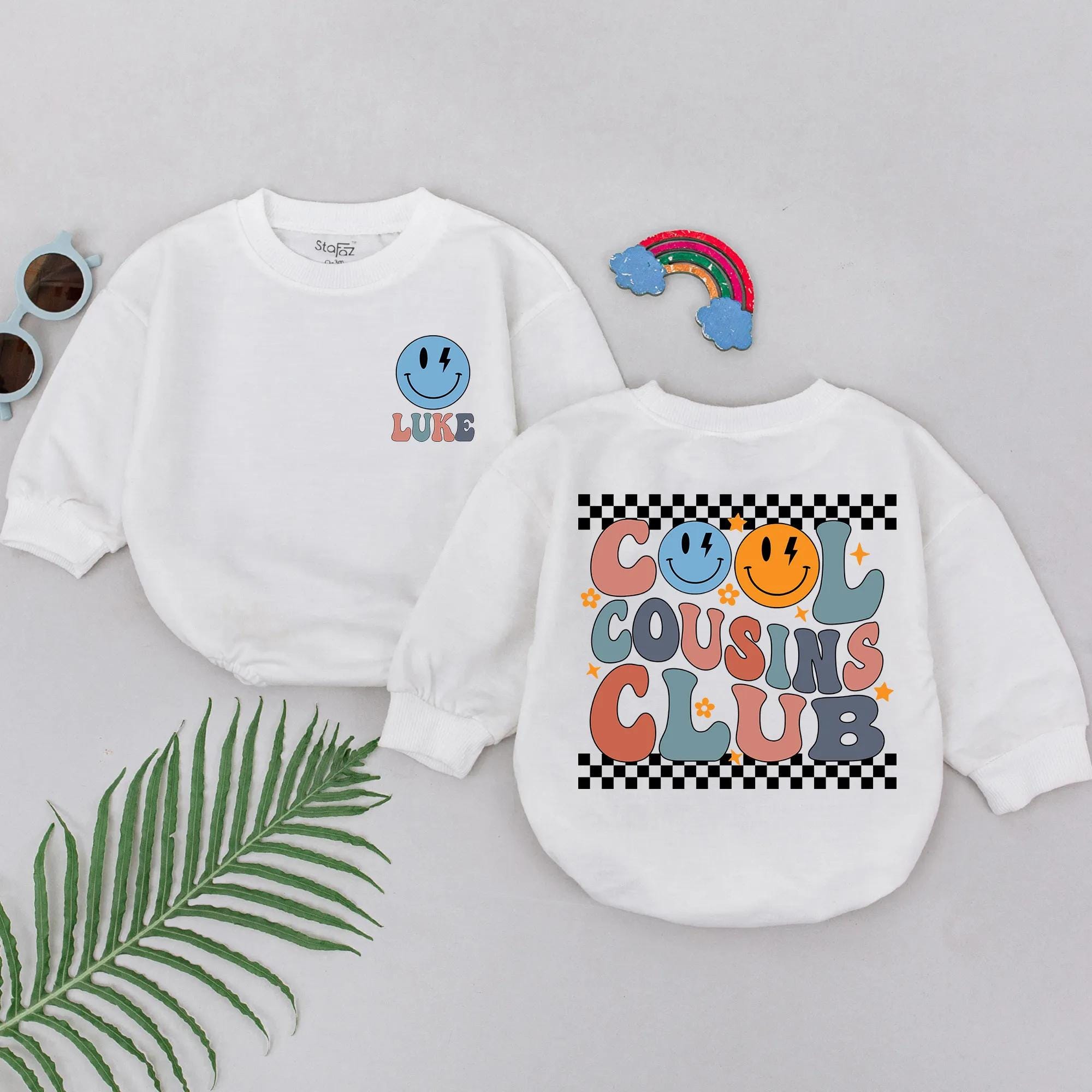 Personalized Cool Cousins Club Baby Romper with Smiley Faces Retro Style Comfortable Cotton Infant Toddler Gift Unisex Playful Design