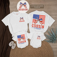 Personalized Cousin Crew 4th of July Shirts with Patriotic Bow Design Custom Names Independence Day Matching Family Outfits Vintage Style