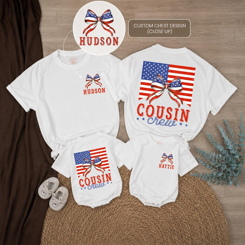 Personalized Cousin Crew 4th of July Shirts with Patriotic Bow Design Custom Names Independence Day Matching Family Outfits Vintage Style