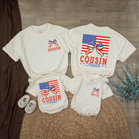 Personalized Cousin Crew 4th of July Shirts with Patriotic Bow Design Custom Names Independence Day Matching Family Outfits Vintage Style