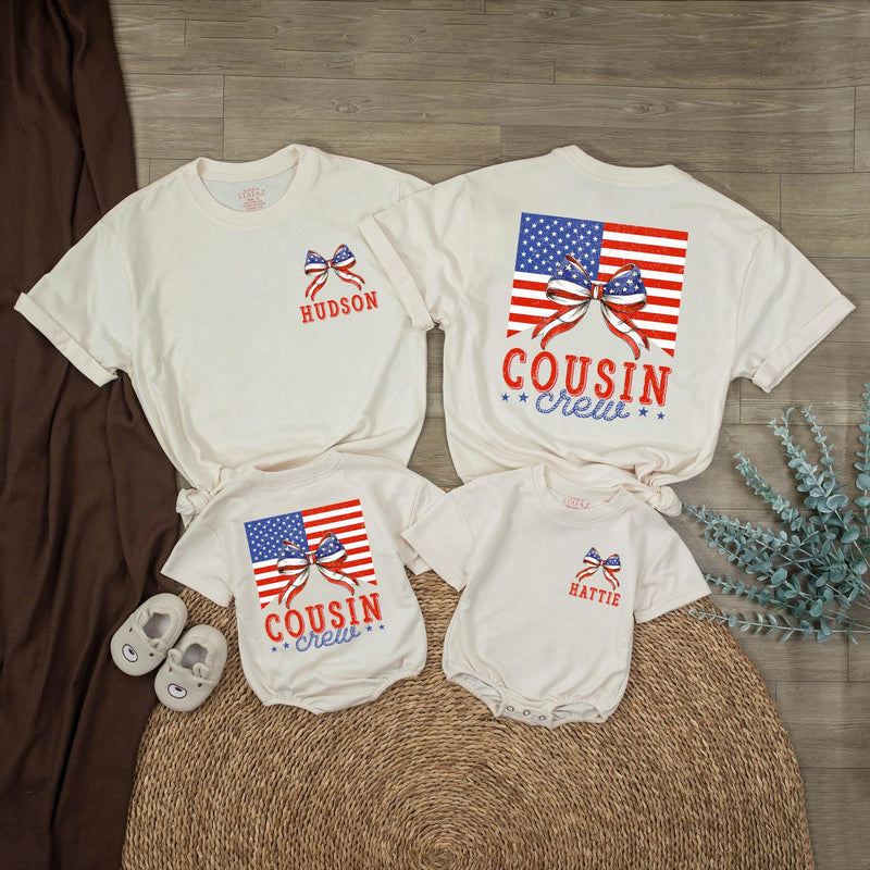 Personalized Cousin Crew 4th of July Shirts with Patriotic Bow Design Custom Names Independence Day Matching Family Outfits Vintage Style