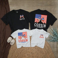 Personalized Cousin Crew 4th of July Shirts with Patriotic Bow Design Custom Names Independence Day Matching Family Outfits Vintage Style