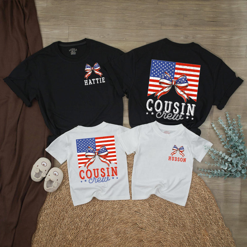 Personalized Cousin Crew 4th of July Shirts with Patriotic Bow Design Custom Names Independence Day Matching Family Outfits Vintage Style
