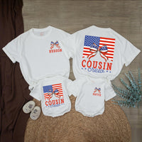 Personalized Cousin Crew 4th of July Shirts with Patriotic Bow Design Custom Names Independence Day Matching Family Outfits Vintage Style