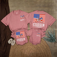 Personalized Cousin Crew 4th of July Shirts with Patriotic Bow Design Custom Names Independence Day Matching Family Outfits Vintage Style