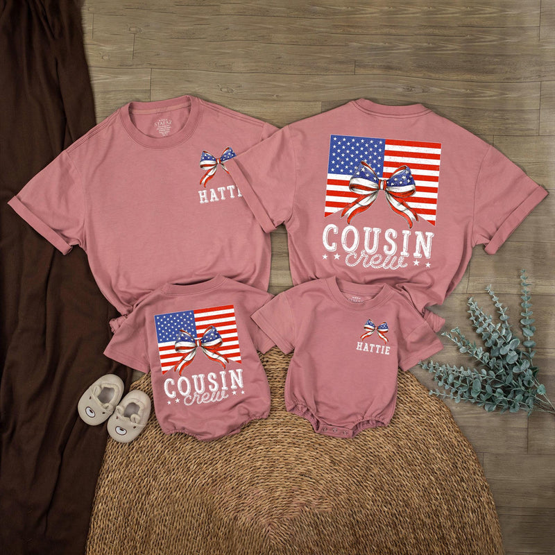 Personalized Cousin Crew 4th of July Shirts with Patriotic Bow Design Custom Names Independence Day Matching Family Outfits Vintage Style