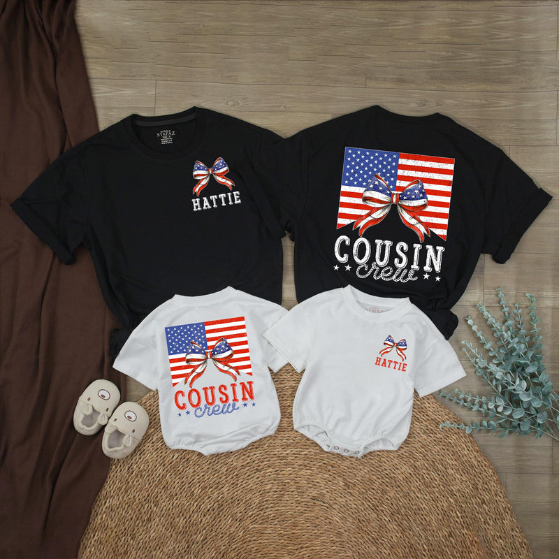 Personalized Cousin Crew 4th of July Shirts with Patriotic Bow Design Custom Names Independence Day Matching Family Outfits Vintage Style