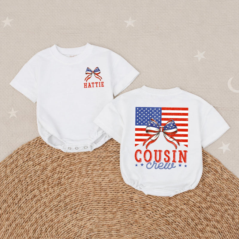 Personalized Cousin Crew 4th of July Shirts with Patriotic Bow Design Custom Names Independence Day Matching Family Outfits Vintage Style