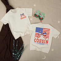 Personalized Cousin Crew 4th of July Shirts with Patriotic Bow Design Custom Names Independence Day Matching Family Outfits Vintage Style