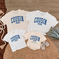 Personalized Cousin Crew Baby Romper with Custom Name Vintage Blue Design Toddler Outfit Family Reunion Gift Soft Comfortable Cotton