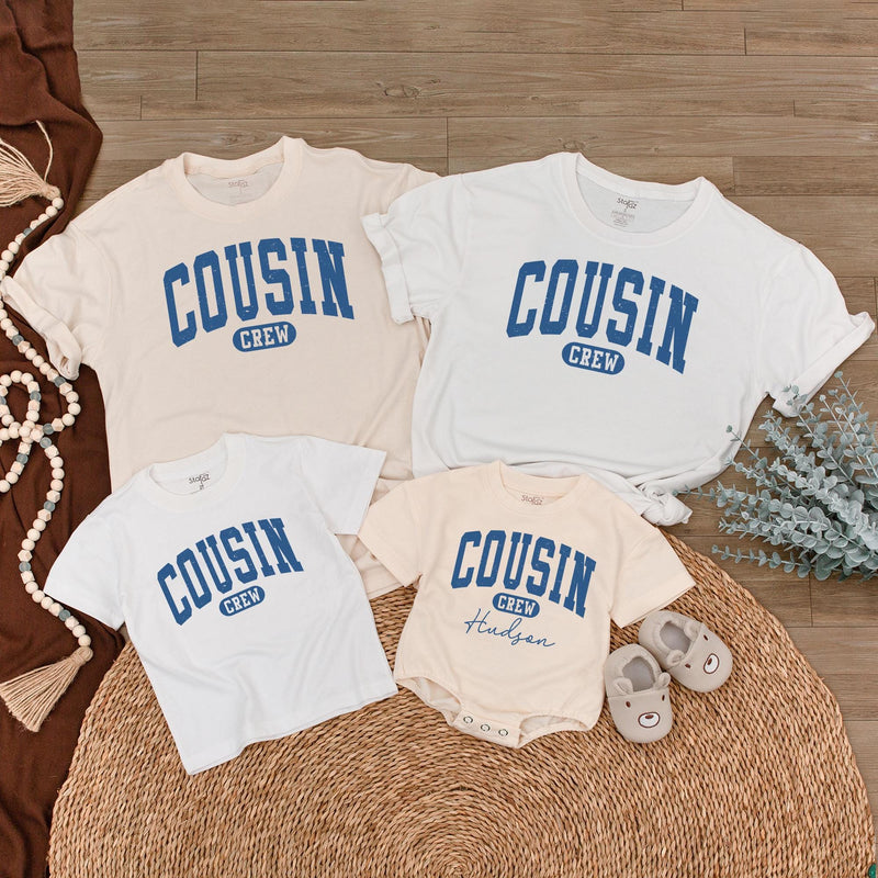 Personalized Cousin Crew Baby Romper with Custom Name Vintage Blue Design Toddler Outfit Family Reunion Gift Soft Comfortable Cotton