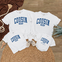 Personalized Cousin Crew Baby Romper with Custom Name Vintage Blue Design Toddler Outfit Family Reunion Gift Soft Comfortable Cotton