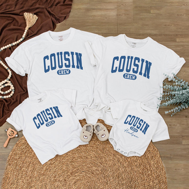 Personalized Cousin Crew Baby Romper with Custom Name Vintage Blue Design Toddler Outfit Family Reunion Gift Soft Comfortable Cotton