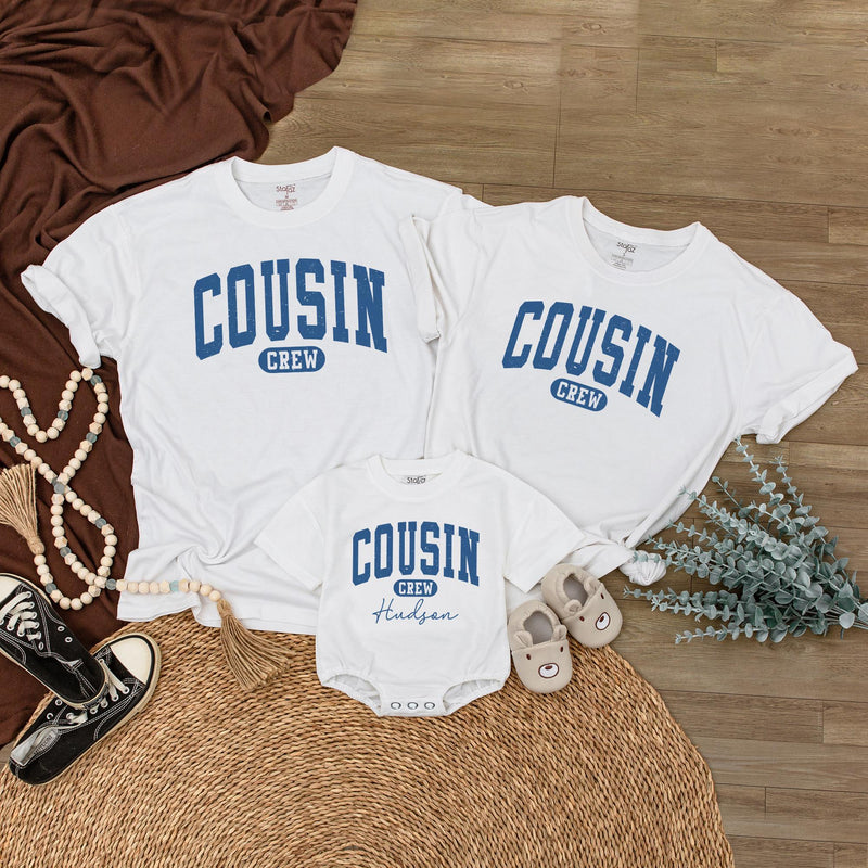 Personalized Cousin Crew Baby Romper with Custom Name Vintage Blue Design Toddler Outfit Family Reunion Gift Soft Comfortable Cotton