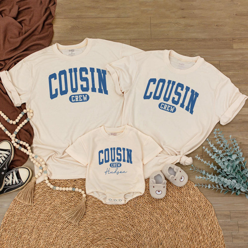 Personalized Cousin Crew Baby Romper with Custom Name Vintage Blue Design Toddler Outfit Family Reunion Gift Soft Comfortable Cotton