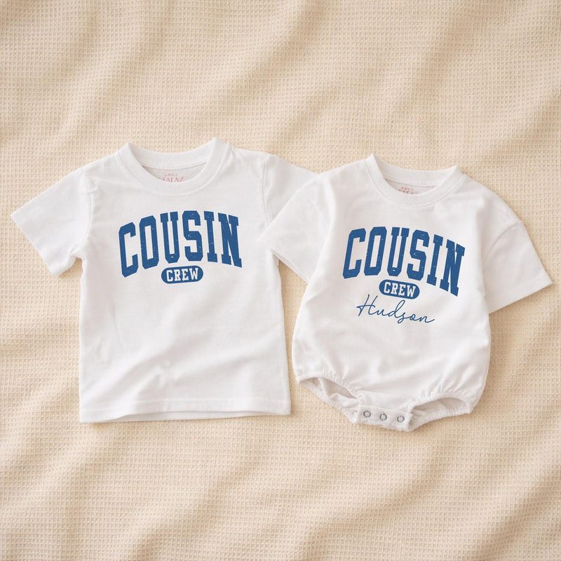 Personalized Cousin Crew Baby Romper with Custom Name Vintage Blue Design Toddler Outfit Family Reunion Gift Soft Comfortable Cotton