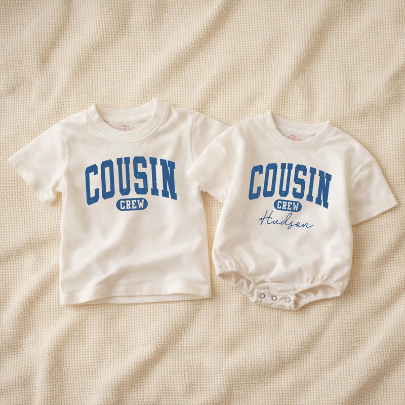 Personalized Cousin Crew Baby Romper with Custom Name Vintage Blue Design Toddler Outfit Family Reunion Gift Soft Comfortable Cotton