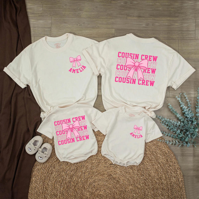 Personalized Cousin Crew Baby Romper with Hot Pink Bow Custom Name Amelia Comfortable Cotton Outfit for Girls Birthday or Family Matching