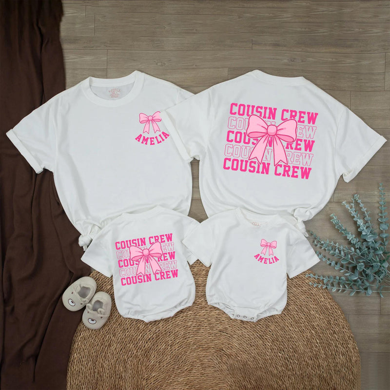Personalized Cousin Crew Baby Romper with Hot Pink Bow Custom Name Amelia Comfortable Cotton Outfit for Girls Birthday or Family Matching