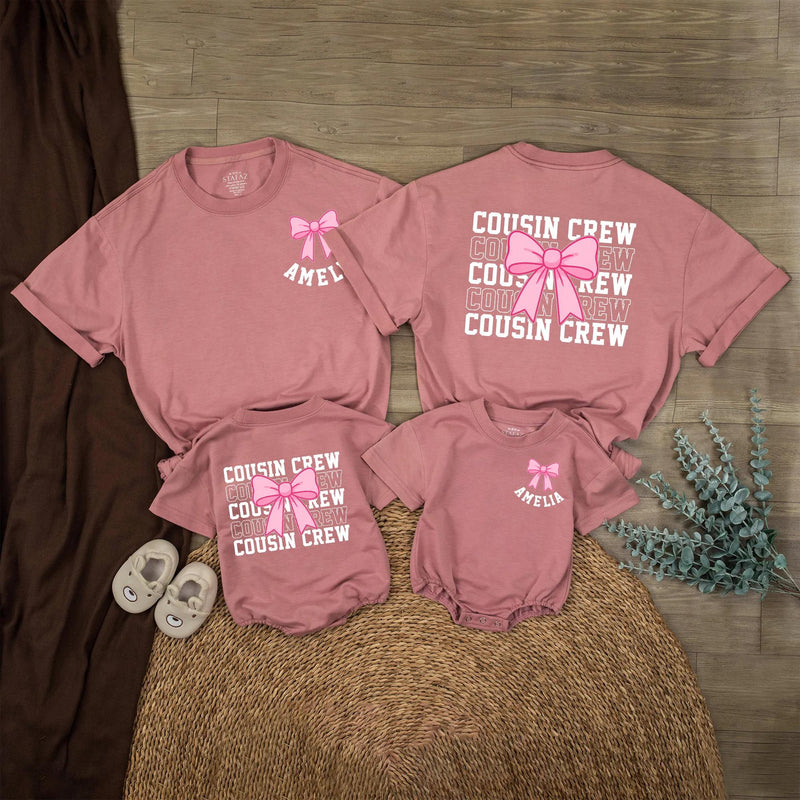 Personalized Cousin Crew Baby Romper with Hot Pink Bow Custom Name Amelia Comfortable Cotton Outfit for Girls Birthday or Family Matching