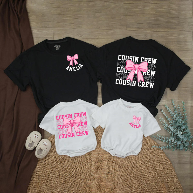 Personalized Cousin Crew Baby Romper with Hot Pink Bow Custom Name Amelia Comfortable Cotton Outfit for Girls Birthday or Family Matching