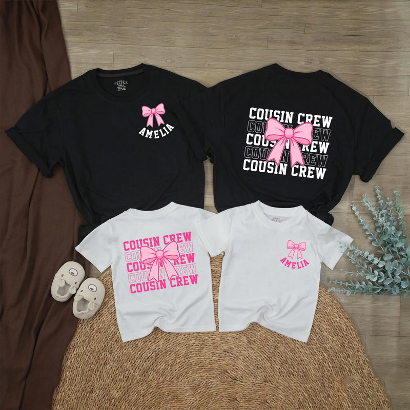 Personalized Cousin Crew Baby Romper with Hot Pink Bow Custom Name Amelia Comfortable Cotton Outfit for Girls Birthday or Family Matching