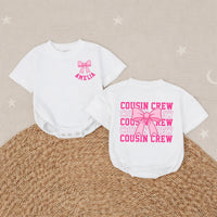 Personalized Cousin Crew Baby Romper with Hot Pink Bow Custom Name Amelia Comfortable Cotton Outfit for Girls Birthday or Family Matching