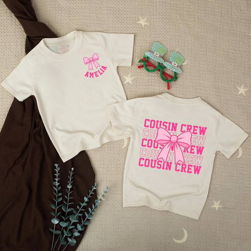 Personalized Cousin Crew Baby Romper with Hot Pink Bow Custom Name Amelia Comfortable Cotton Outfit for Girls Birthday or Family Matching