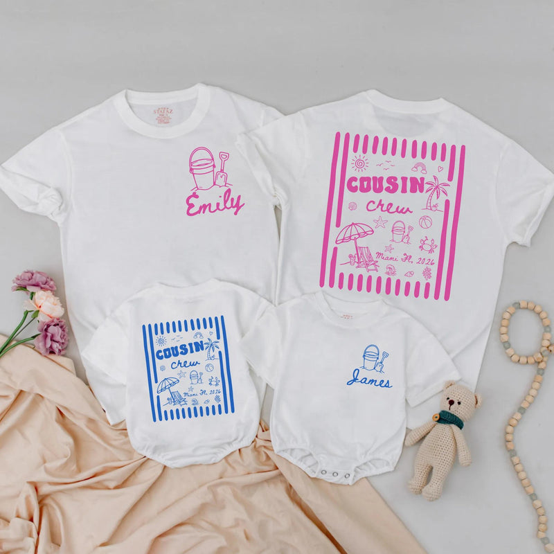 Personalized Cousin Crew Matching Family Shirts with Tropical Beach Artwork, Soft Cotton Tees for Kids, Adults, Summer Vacation Outfits