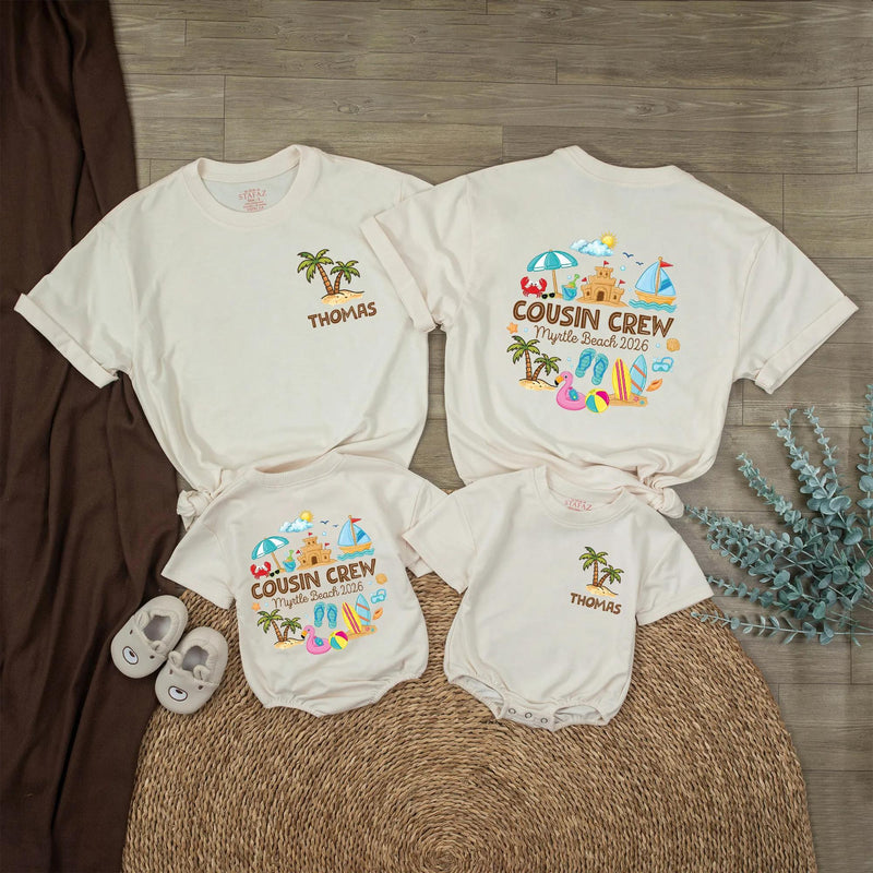 Personalized Cousin Crew Shirt with Summer Sandcastle Design Custom Name Toddler Baby Romper Family Beach Vacation Myrtle Beach 2026