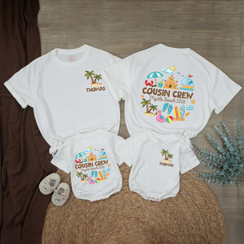 Personalized Cousin Crew Shirt with Summer Sandcastle Design Custom Name Toddler Baby Romper Family Beach Vacation Myrtle Beach 2026