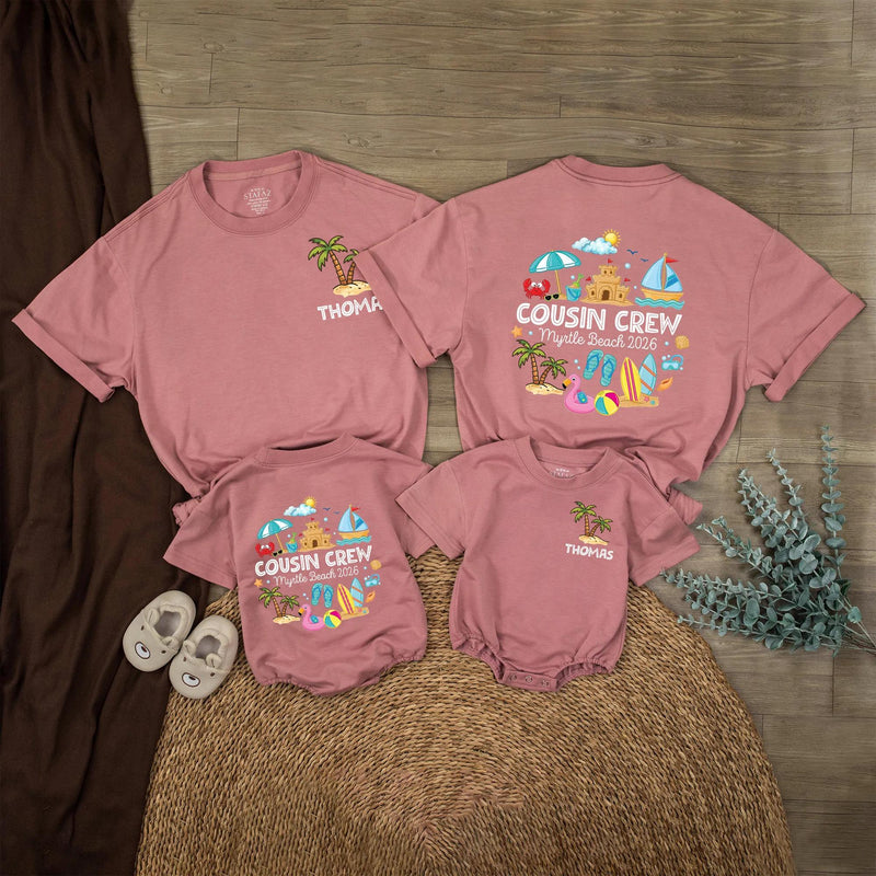 Personalized Cousin Crew Shirt with Summer Sandcastle Design Custom Name Toddler Baby Romper Family Beach Vacation Myrtle Beach 2026